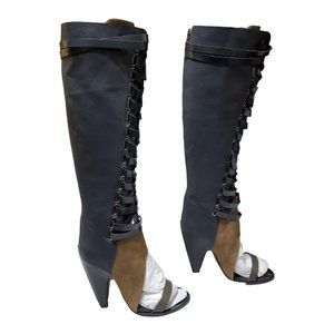 NEW Ivy Kirzhner Alps Open Toe Lace Up Knee High Boots Size 8.5 Gray Brown